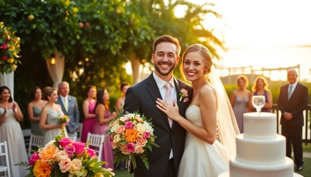 Stunning wedding photography in Tampa capturing a joyful couple surrounded by lush greenery and warm sunlight.