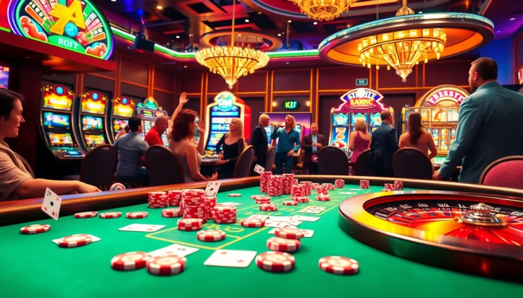 KJC Casino scene showcasing players at a blackjack table with vibrant poker chips and illuminated slot machines, enhancing excitement.