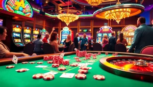 KJC Casino scene showcasing players at a blackjack table with vibrant poker chips and illuminated slot machines, enhancing excitement.