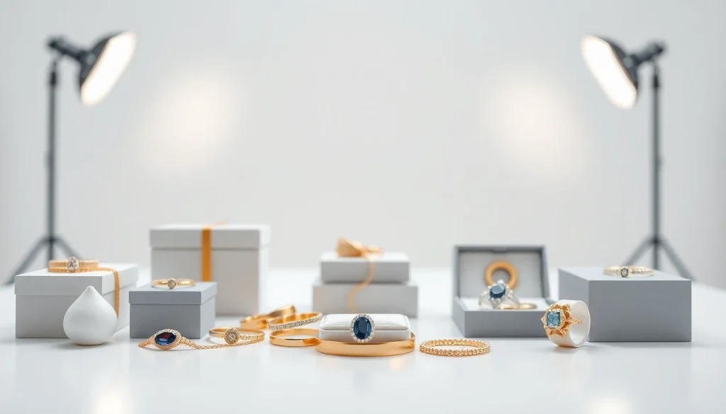 Fotografo ecommerce che cattura articoli di gioielleria in un elegante studio luminoso.