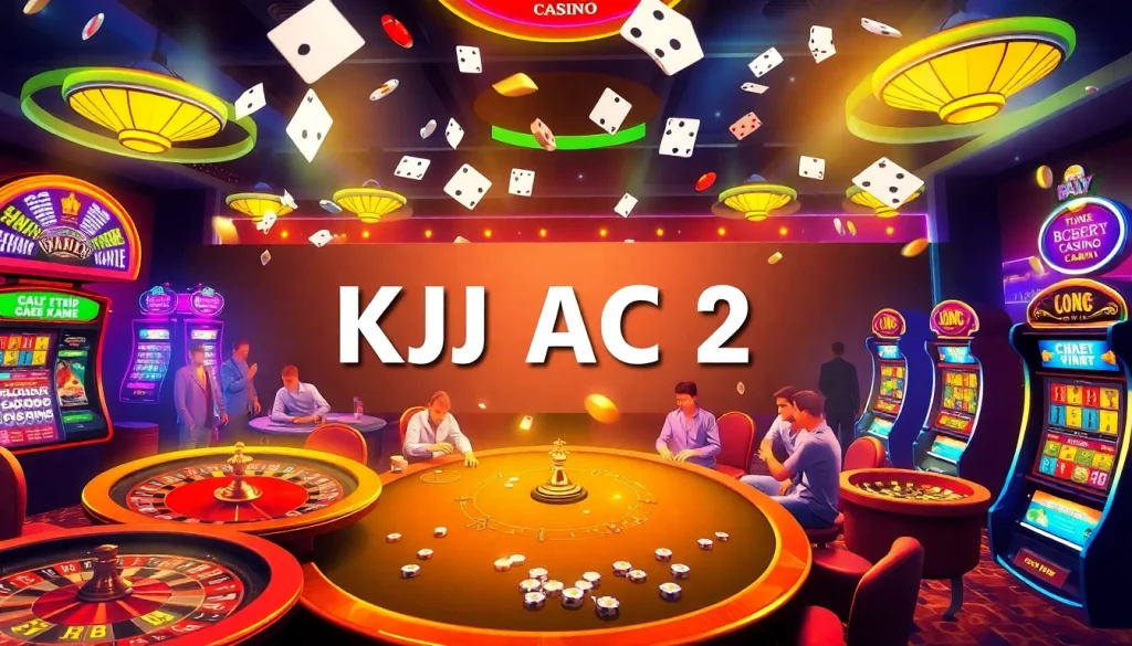 KJC AC 2 casino scene with poker table, roulette wheel, and vibrant slot machines.
