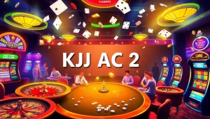 KJC AC 2 casino scene with poker table, roulette wheel, and vibrant slot machines.