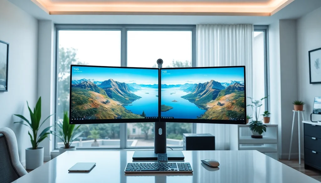 Utilizing a virtual desktop in a stylish home office with dual monitors displaying vibrant visuals.