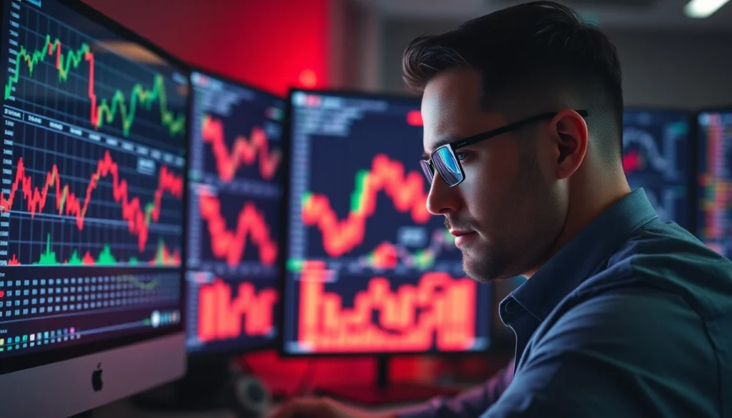 TraderBrick montre un trader qui analyse des graphiques financiers sur un écran d'ordinateur.