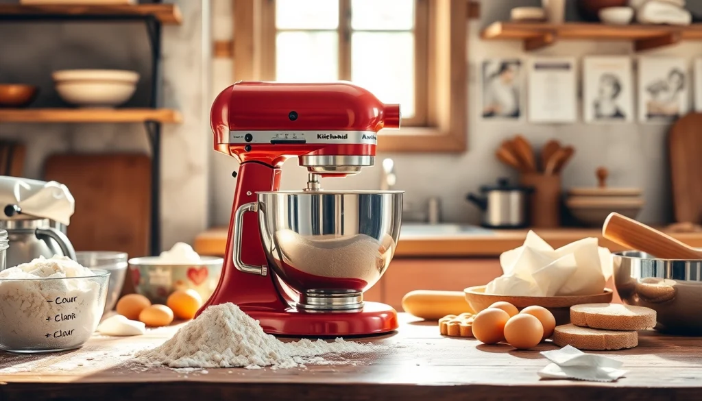 Showcasing a KitchenAid mixer NZ on a kitchen countertop with baking ingredients.
