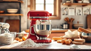 Showcasing a KitchenAid mixer NZ on a kitchen countertop with baking ingredients.