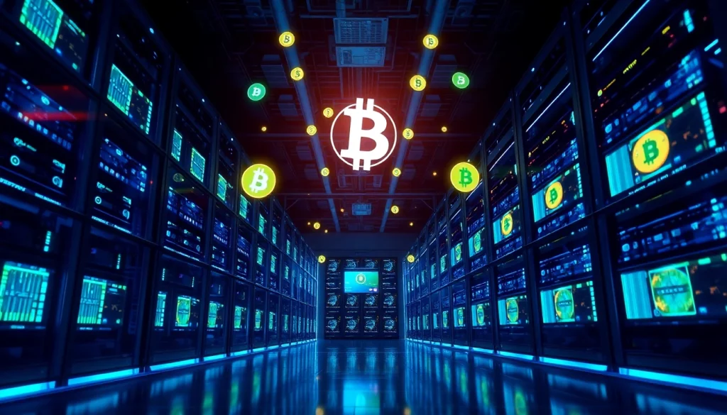 Dynamic view of a crypto mining data center showcasing advanced rigs and screens.