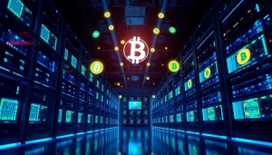 Dynamic view of a crypto mining data center showcasing advanced rigs and screens.