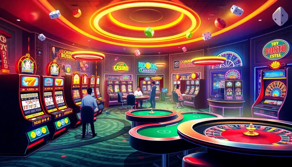 KJC AC 2 shows an exhilarating online casino scene with vibrant slot machines and poker tables.