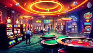 KJC AC 2 shows an exhilarating online casino scene with vibrant slot machines and poker tables.