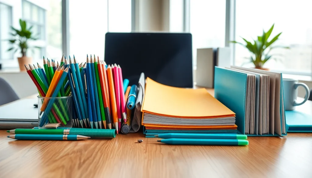 Organized office stationery uk items including colorful pens and notepads on a stylish desk.