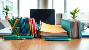 Organized office stationery uk items including colorful pens and notepads on a stylish desk.