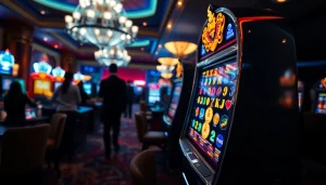 Menampilkan slot luxury138 yang mewah di dalam ruang permainan kasino yang elegan.