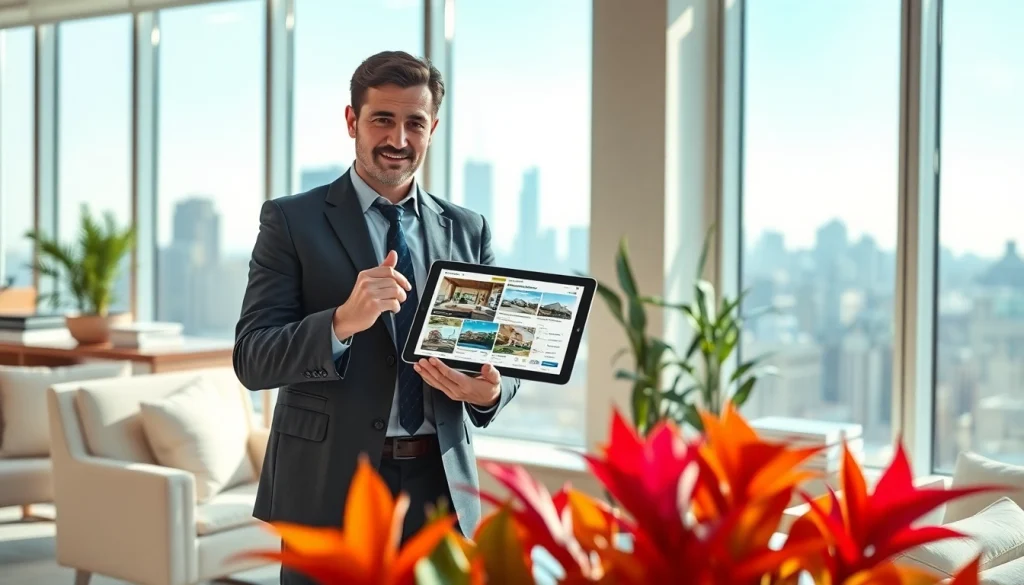 Engaging real estate agent presenting listings in a bright office atmosphere.