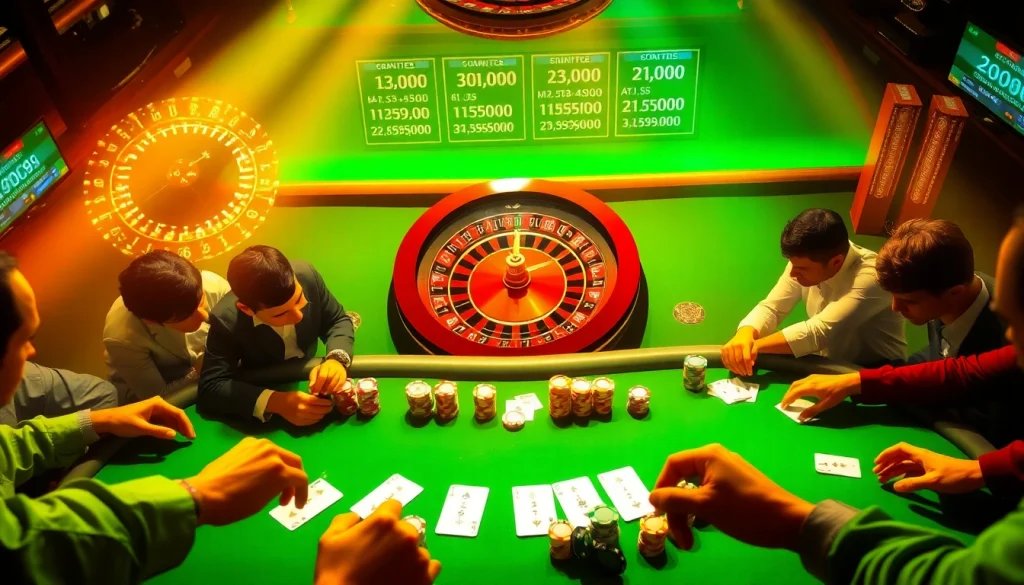 The thrilling atmosphere of a poker game at https://tructiepbongda.eu.com/, showcasing colorful chips and engaged players.