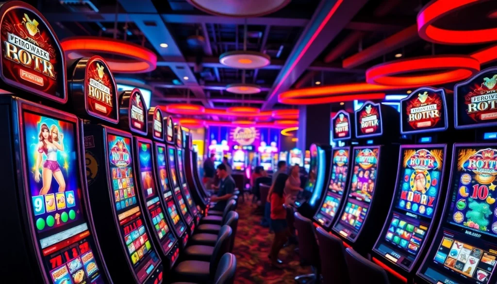 Menampilkan slot mesin dengan desain berwarna-warni dan suasana kasino yang meriah.