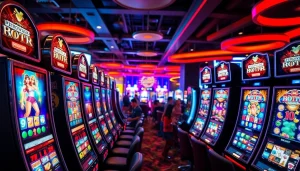 Menampilkan slot mesin dengan desain berwarna-warni dan suasana kasino yang meriah.