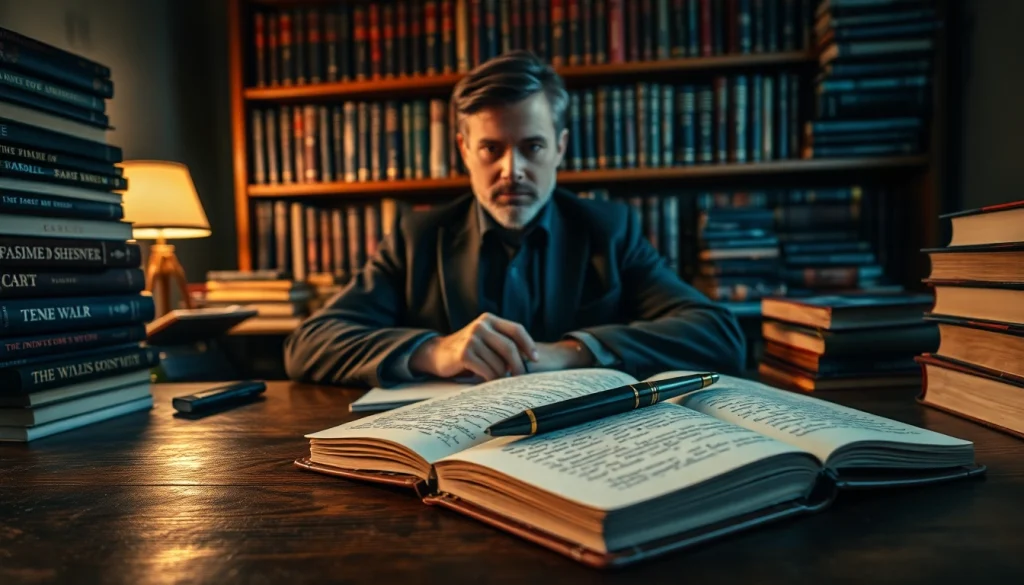 Thriller author writing notes at a vintage desk amidst suspenseful novels.