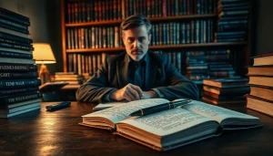 Thriller author writing notes at a vintage desk amidst suspenseful novels.