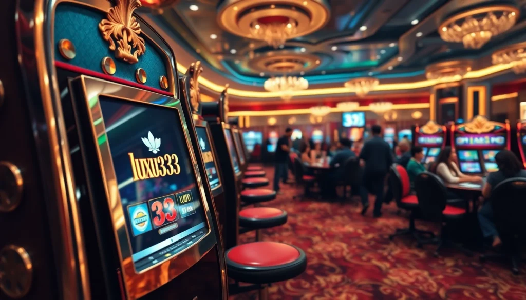 Main game slot luxury333 with elegant surroundings and excited players in the background.