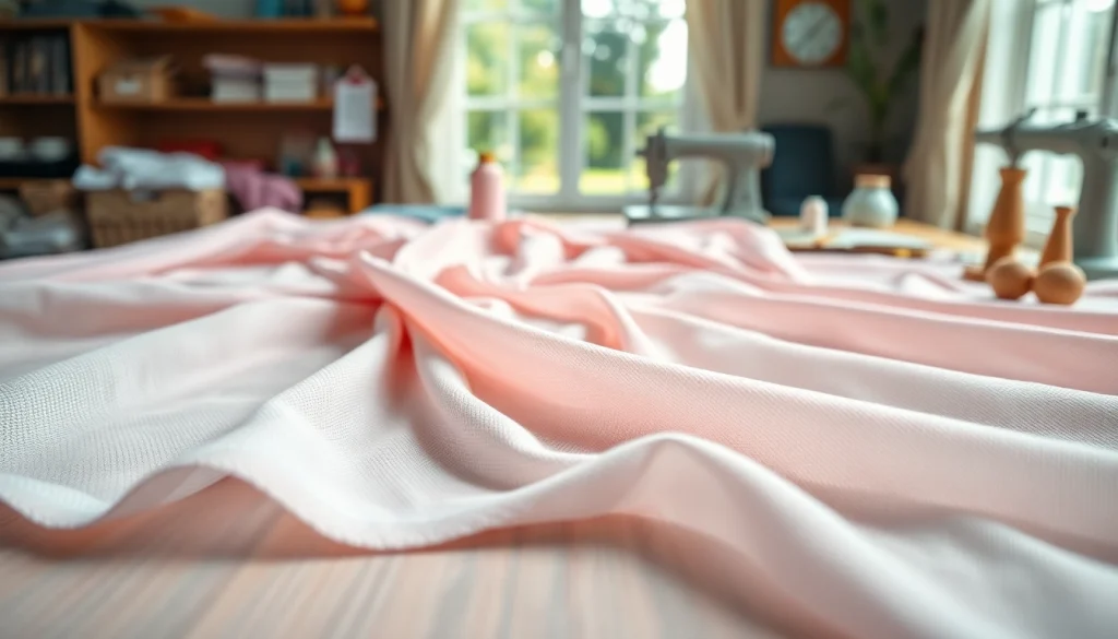 Mousseline stof met delicate texturen en zachte kleuren op een houten tafel.