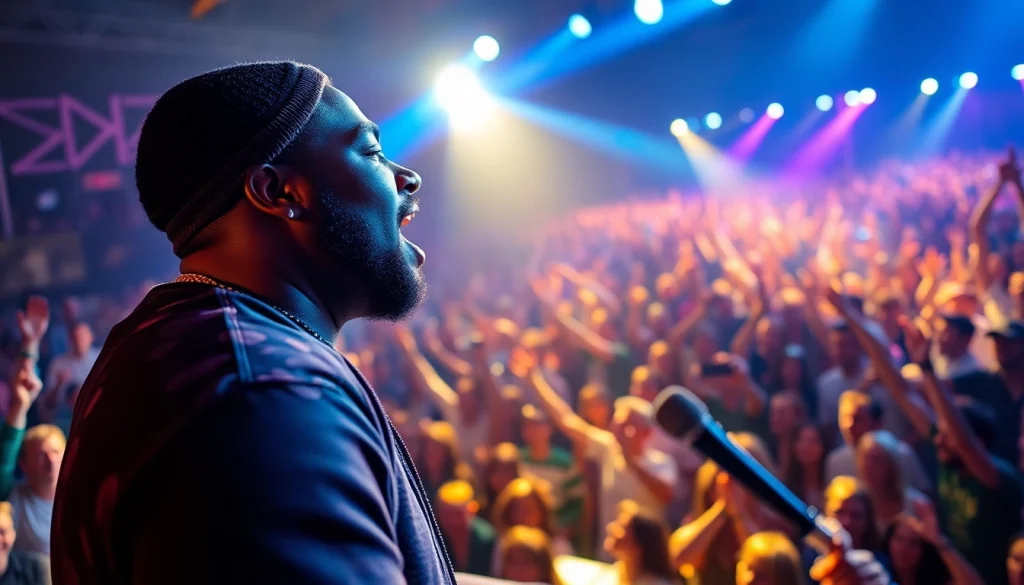 Stormzy performing live on stage, showcasing his artistry and engaging with fans at https://diknews.co.uk/stormzy/.