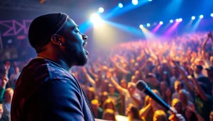 Stormzy performing live on stage, showcasing his artistry and engaging with fans at https://diknews.co.uk/stormzy/.