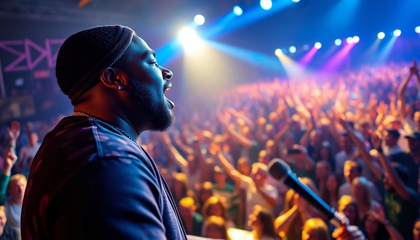Stormzy performing live on stage, showcasing his artistry and engaging with fans at https://diknews.co.uk/stormzy/.