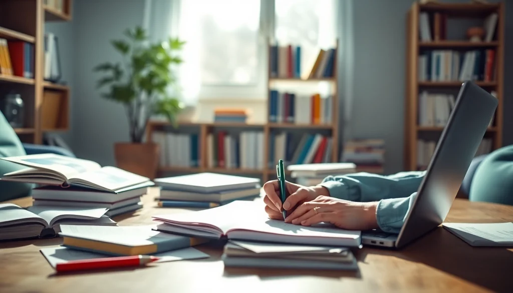 Nursing paper writing services in a serene environment, showcasing a student writing with focus.