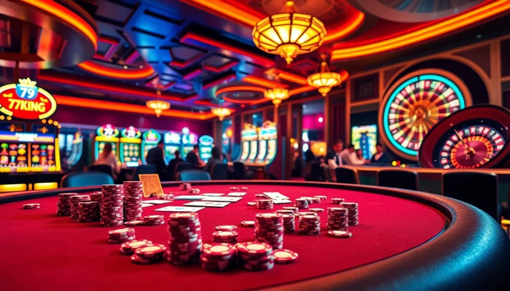 Experience the heart-pounding excitement of 79king at a poker table with vibrant chips and dealing cards.