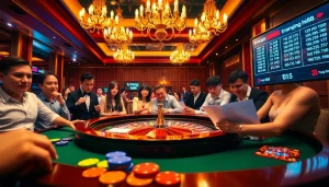 Experience the thrill of placing bets at trang hi88's exciting roulette table surrounded by eager players.