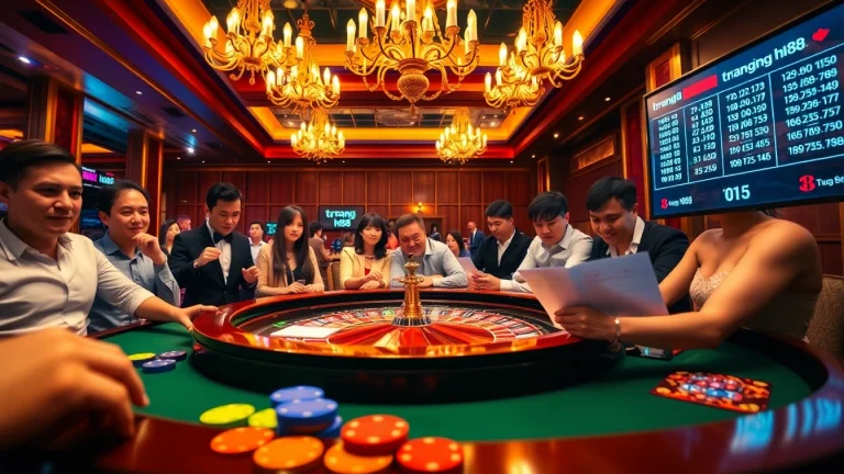 Experience the thrill of placing bets at trang hi88's exciting roulette table surrounded by eager players.