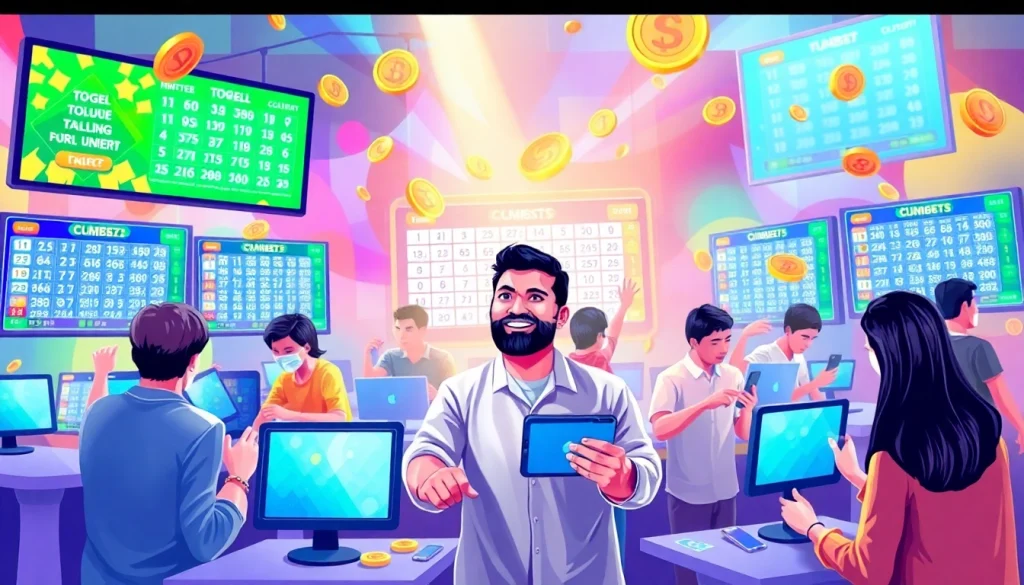 Permainan togel online yang seru dengan pemain mengekspresikan kemenangan dan kegembiraan.