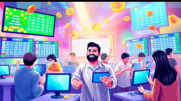 Permainan togel online yang seru dengan pemain mengekspresikan kemenangan dan kegembiraan.