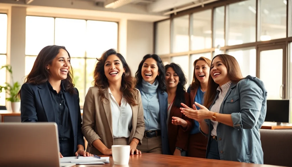 A diverse group celebrating after new hire jobs orientation, showcasing excitement and collaboration.