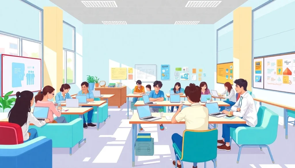 Engaging Education environment with diverse students collaborating in a dynamic classroom.