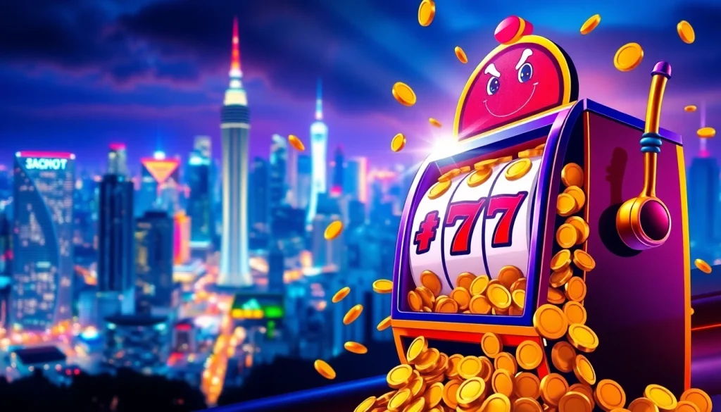Menampilkan kaisar800 resmi slot dengan mesin slot yang berlimpah koin dan jackpot di tengah latar belakang kota yang cerah.
