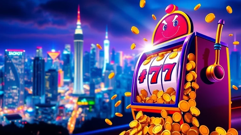 Menampilkan kaisar800 resmi slot dengan mesin slot yang berlimpah koin dan jackpot di tengah latar belakang kota yang cerah.