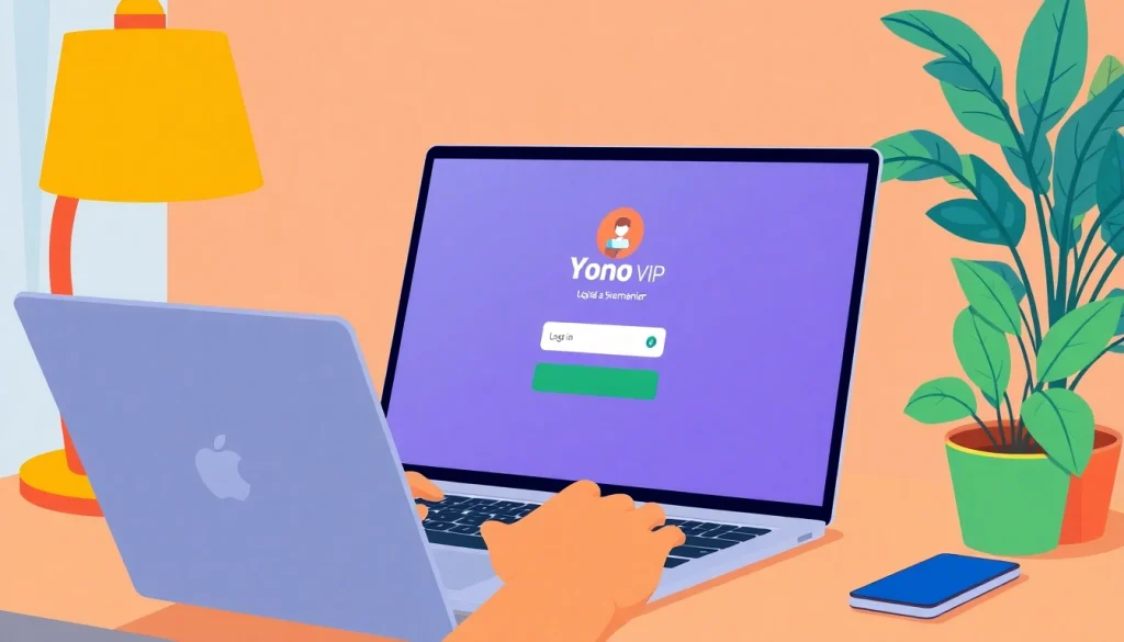 Experience the Yono VIP login process with a sleek laptop and a modern workspace.