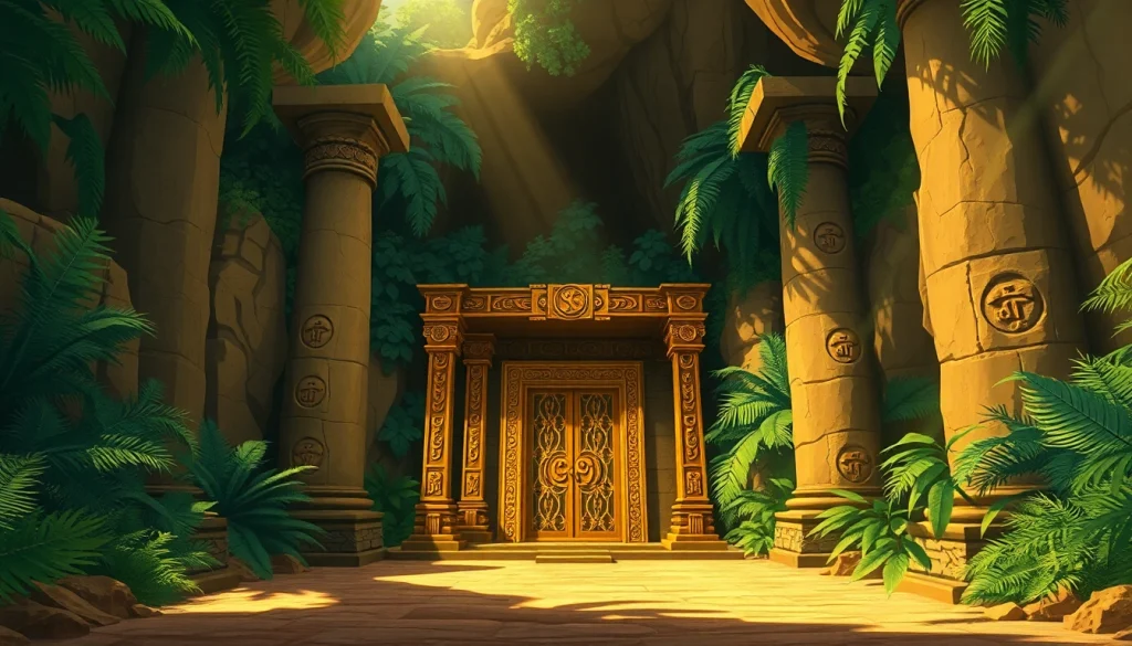 Discover the intricate entrance of King Solomon's Mine with ancient pillars in a lush jungle setting.