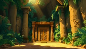 Discover the intricate entrance of King Solomon's Mine with ancient pillars in a lush jungle setting.