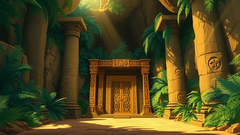 Discover the intricate entrance of King Solomon's Mine with ancient pillars in a lush jungle setting.