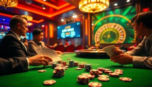 Exciting casino gameplay at LIÊN MINH KJC poker table with vibrant poker chips.