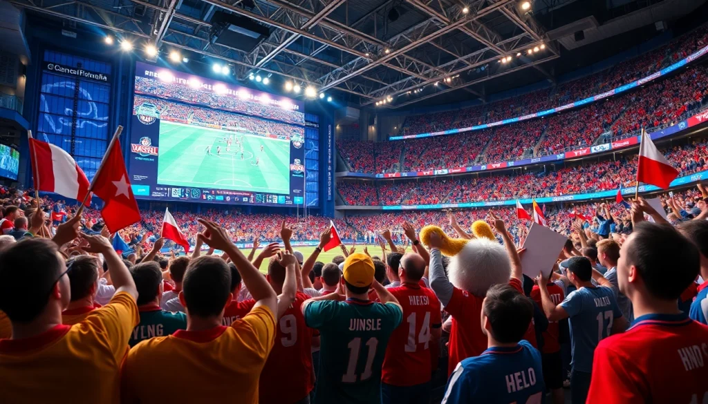 스포츠중계를 즐기는 팬들이 있는 활기찬 경기장 모습