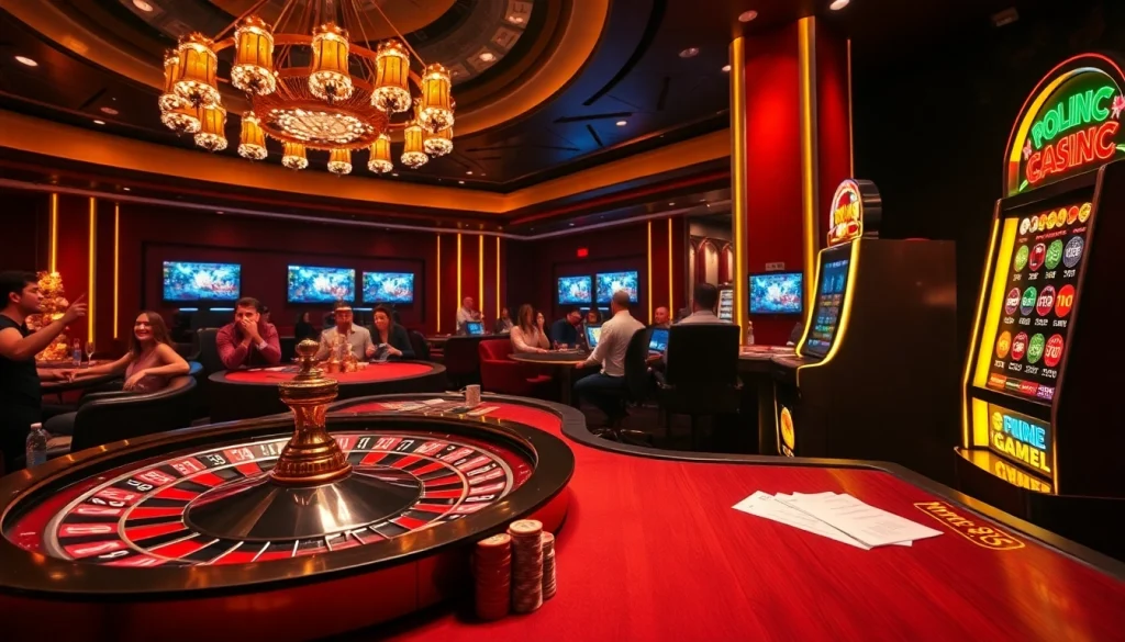 Exciting casino scene at https://mm88.sa.com/ with roulette and players celebrating a poker win.