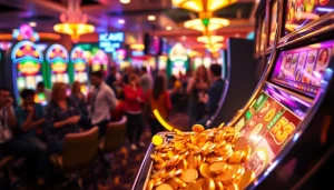 Mainan slot yang bersinar di kasino dengan koin berkilau, menambah suasana meriah.