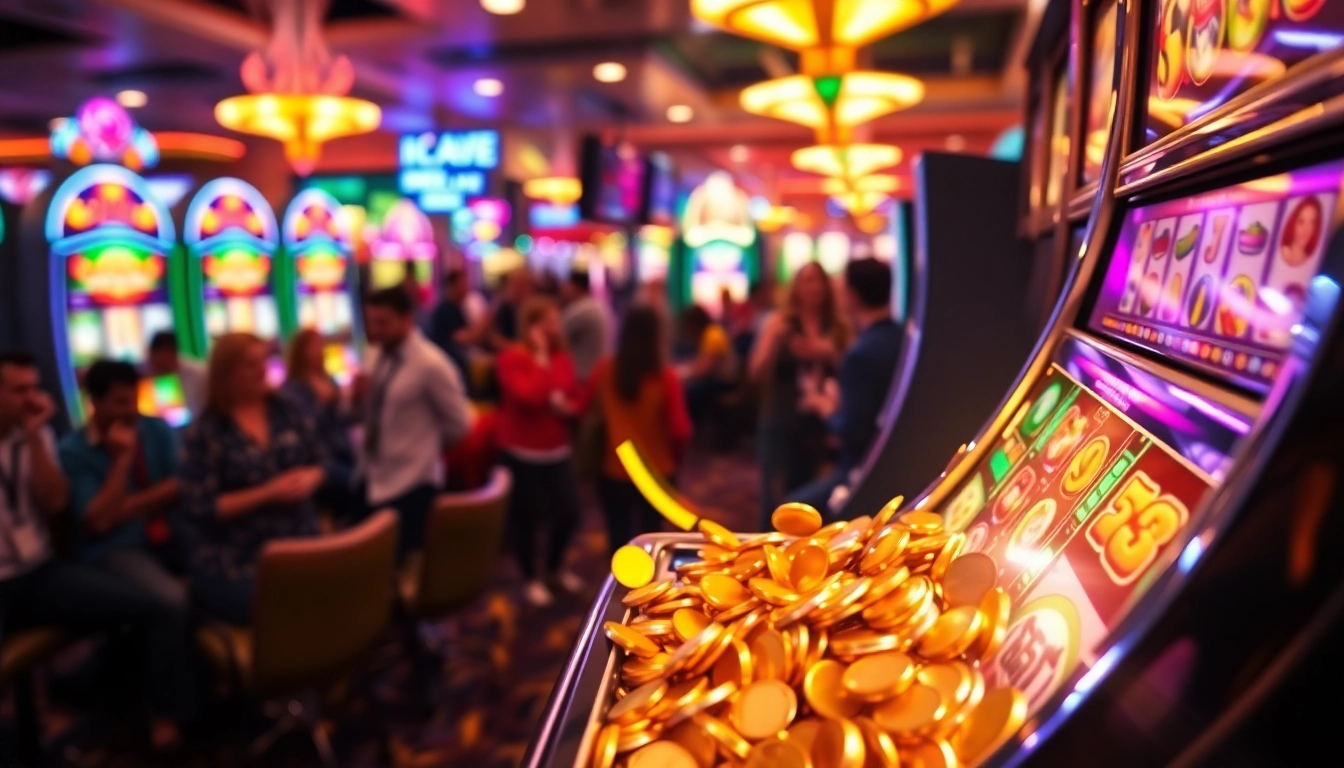 Mainan slot yang bersinar di kasino dengan koin berkilau, menambah suasana meriah.