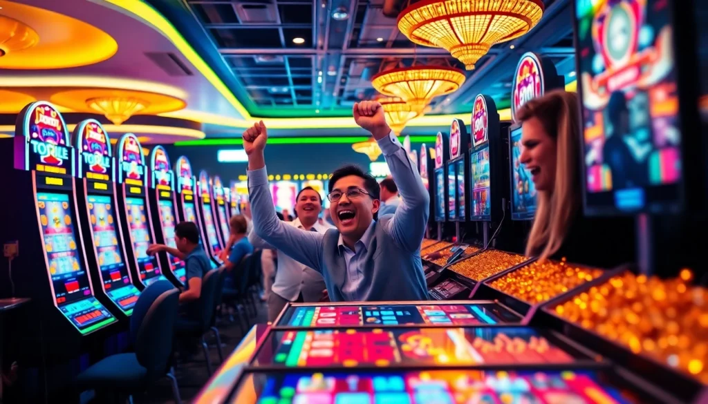 Memenangkan togel resmi slot di kasino modern dengan mesin slot yang bersinar.