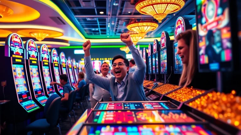 Memenangkan togel resmi slot di kasino modern dengan mesin slot yang bersinar.