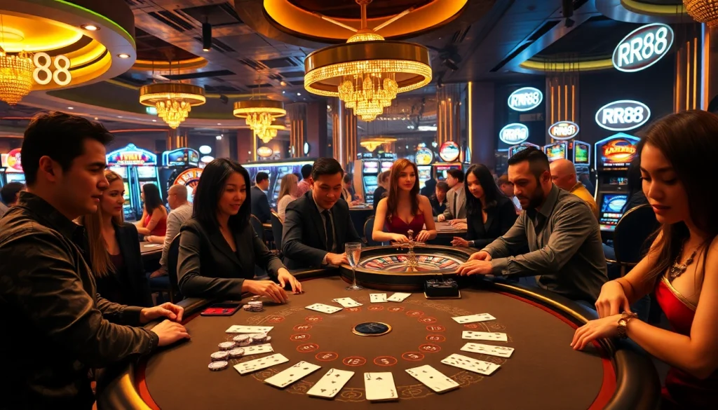 Experience the thrilling atmosphere of RR88 as players strategize around a blackjack table in a lively casino setting.
